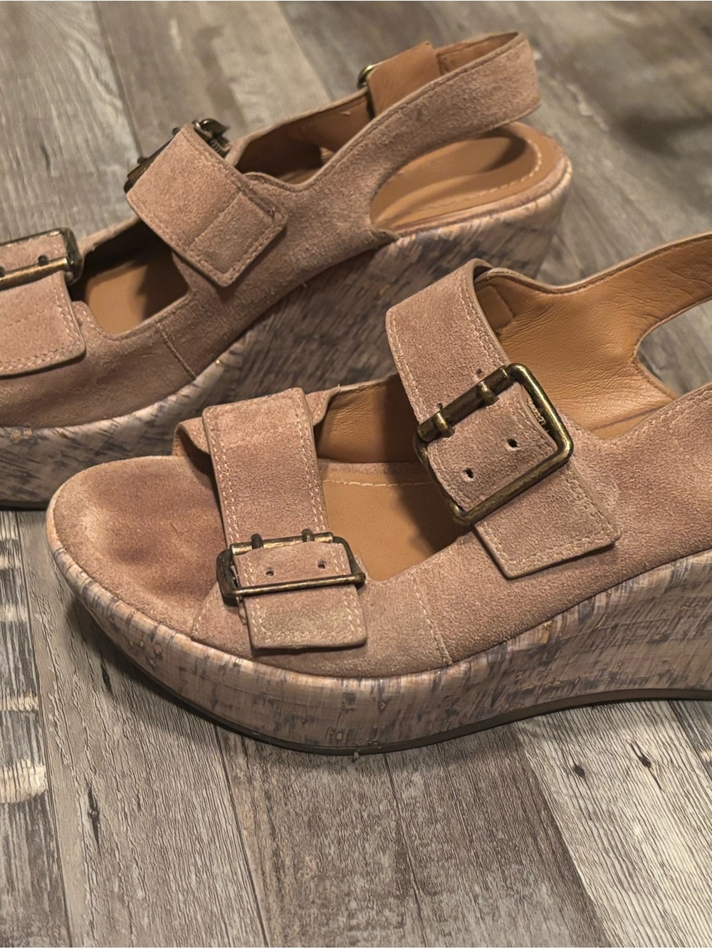 Trask Taupe Suede Buckle Platform Sandals